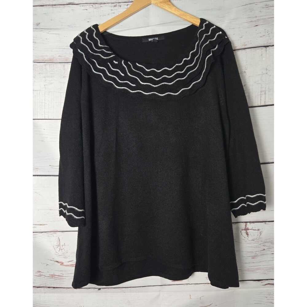 Briggs Womens Sweater Size 3X Black Ruffle Collar 3/4 Sleeve Knit Pullover